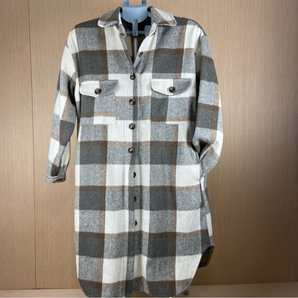 Plaid Long Shacket Duster Women’s Oversized Small Gray Brown Button Front